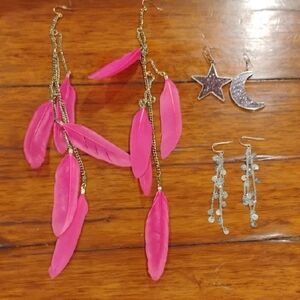 Pink Feather and Silver Star Earrings Set